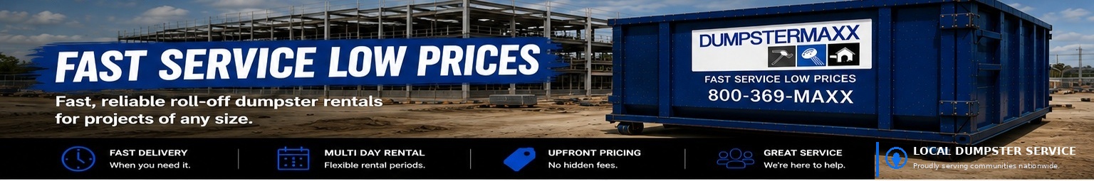 DumpsterMaxx blue roll-off dumpster rental with exact DumpsterMaxx logo