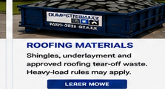 DumpsterMaxx dumpster with roofing materials loaded safely at or below the rim