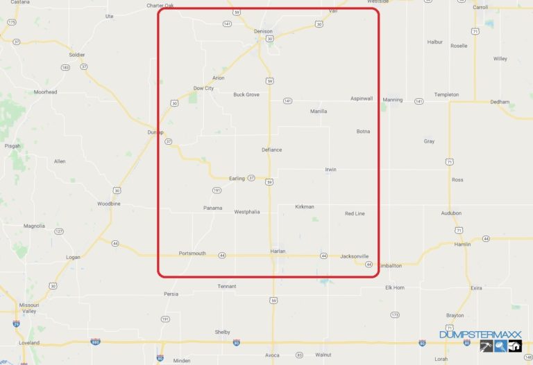 Harlan IA Dumpster Rental Map - Roll of dumpster in Harlan - Dennison - Defiance